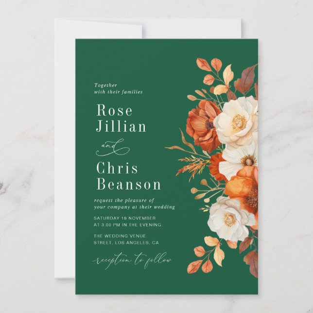 Terracotta And Emerald Green Floral Wedding Invitation (Front)