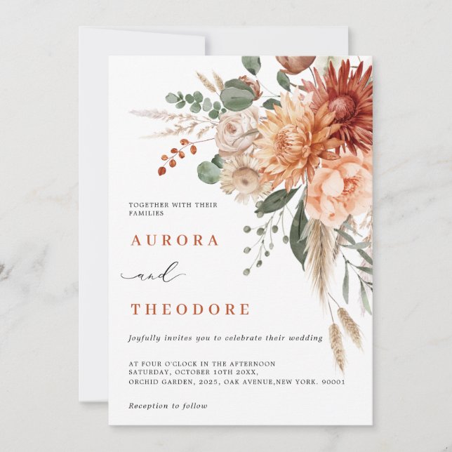 Terracotta and Emerald Green Rustic Floral Wedding Invitation (Front)