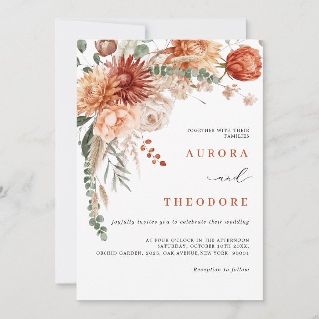 Terracotta and Emerald Green Rustic Floral Wedding Invitation (Front)