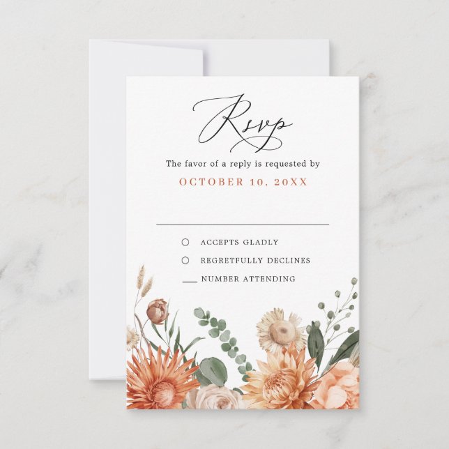 Terracotta and Emerald Green Rustic Floral Wedding RSVP Card (Front)
