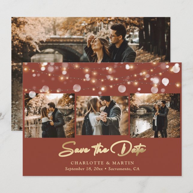 Terracotta and Gold Wedding 4 Photo Save The Date (Front/Back)