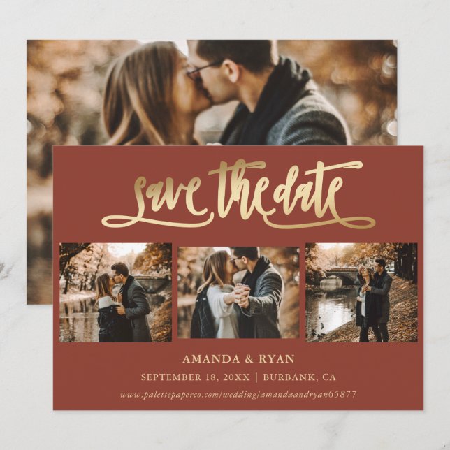 Terracotta and Gold Wedding 4 Photo Save The Date (Front/Back)