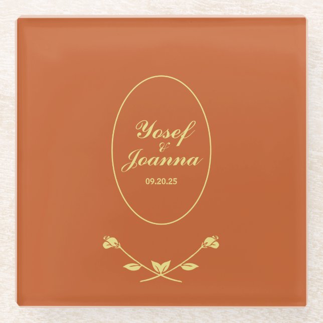 Terracotta and Gold Wedding Glass Coaster (Front)