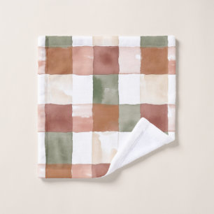 Terracotta and Green Watercolor Plaid Gingham Wash Cloth
