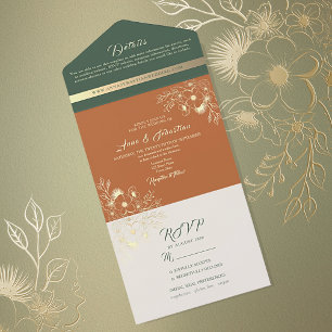 Terracotta and Green Wedding All In One Invitation