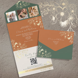 Terracotta and Green Wedding All In One Invitation