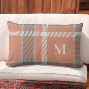 Terracotta and Grey Tartan Plaid with Monogram Lumbar Cushion