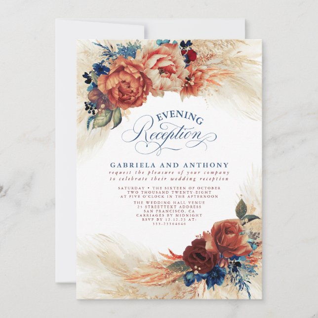 Terracotta and Navy Blue Floral Evening Reception Invitation (Front)