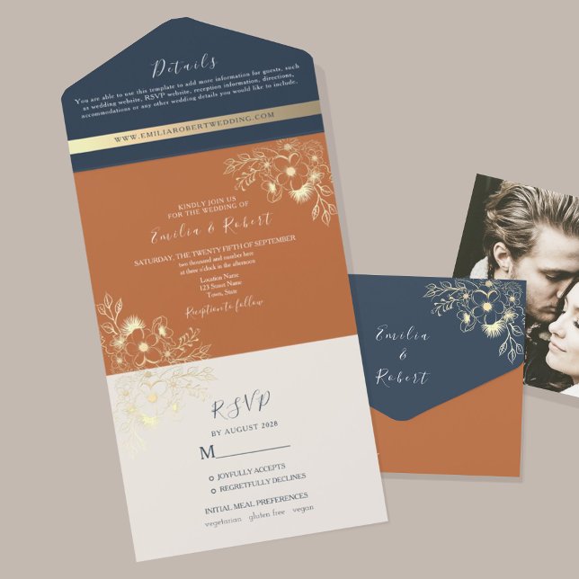 Terracotta and Navy Blue Floral Wedding All In One Invitation (Creator Uploaded)