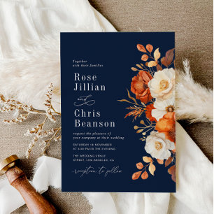 Terracotta And Navy blue Floral Wedding Invitation