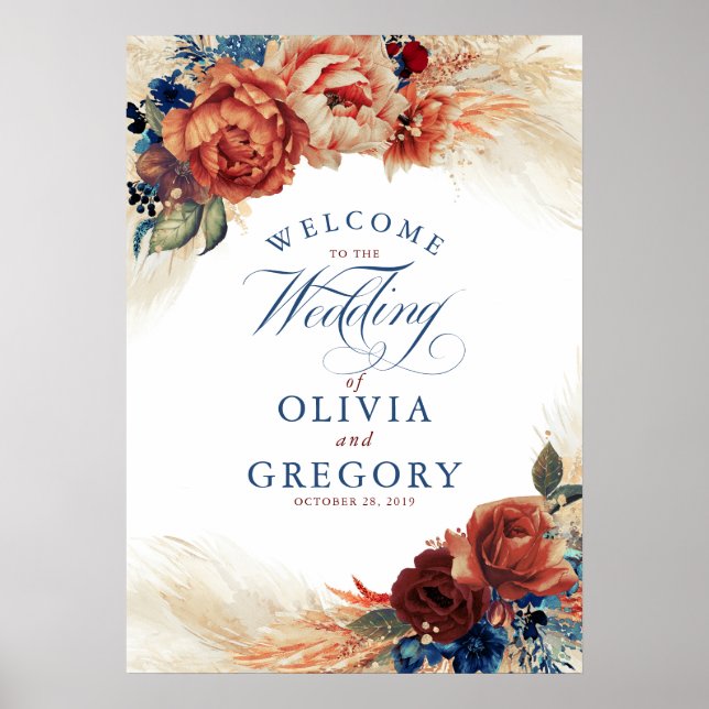 Terracotta and Navy Blue Floral Wedding Welcome Poster (Front)