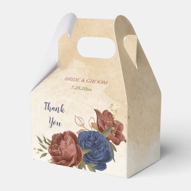 terracotta and navy blue flowers wedding favour box (Front Side)
