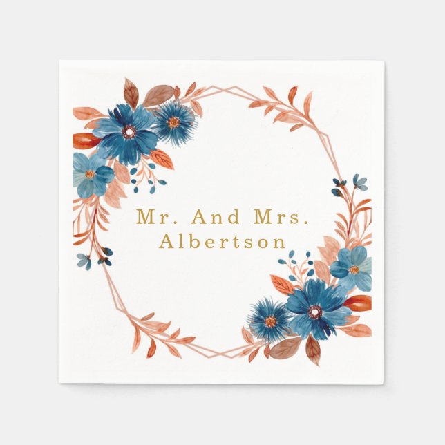 Terracotta and Navy Blue Gold Floral Wedding Napkin (Front)