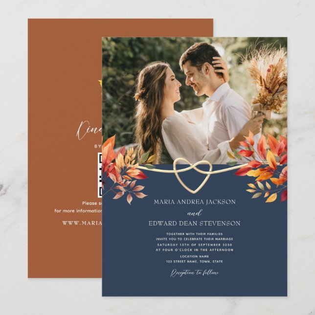 Terracotta and Navy Blue Rustic Fall Wedding Invitation (Front/Back)