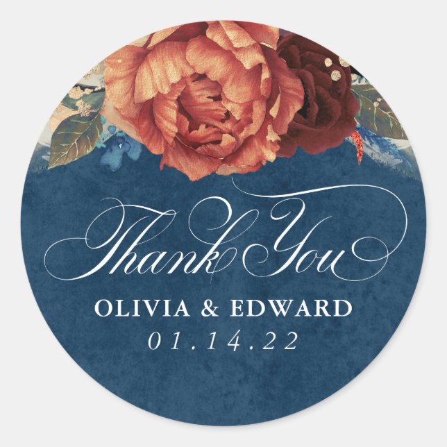 Terracotta and Navy Blue Thank You Floral Classic Round Sticker (Front)