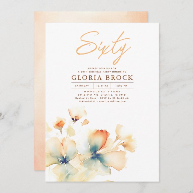 Terracotta and Teal Blue Floral Fall Birthday Invitation (Front/Back)