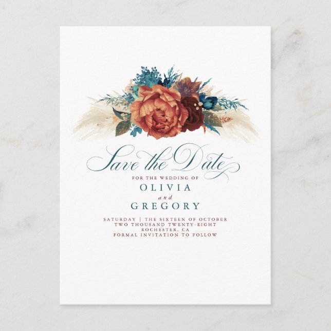 Terracotta and Teal Blue Floral Save The Date Announcement Postcard (Front)