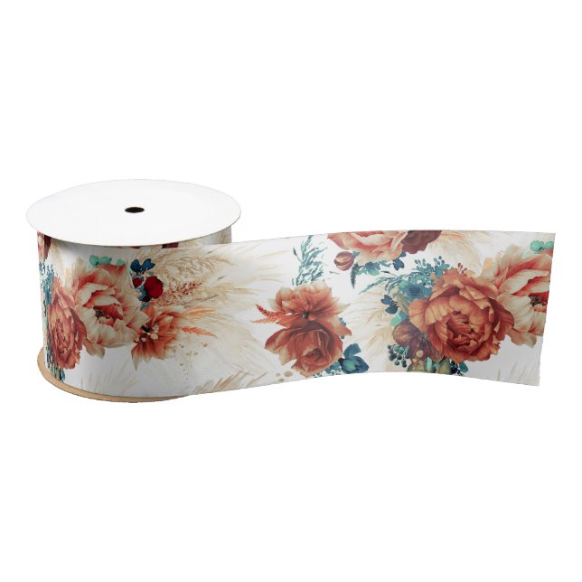Terracotta and Teal Blue Pampas Grass Floral Boho Satin Ribbon (Spool)
