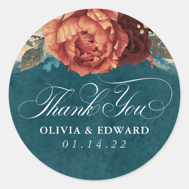 Terracotta and Teal Blue Thank You Floral Classic Round Sticker (Front)