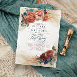 Terracotta and Teal Floral Elegant Boho Wedding Invitation<br><div class="desc">Pampas grass,  terracotta rust shades flowers and teal foliage botanical elegant wedding invitations</div>