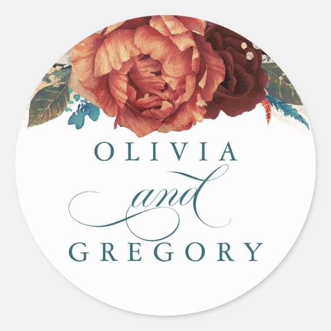Terracotta and Teal Floral Wedding Classic Round Sticker (Front)