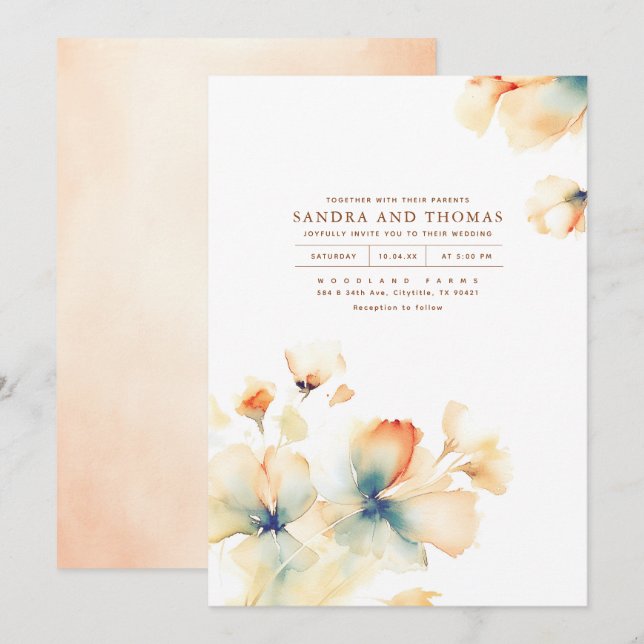 Terracotta and Teal Flowers Elegant Fall Wedding Invitation (Front/Back)