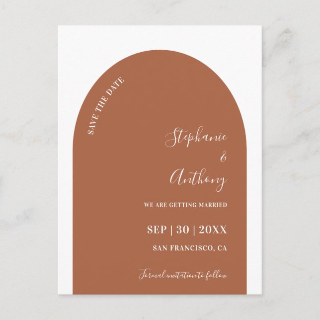 Terracotta and White Arch Wedding Save the Date Announcement Postcard (Front)