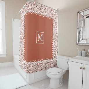 Terracotta and white damask pattern and monogram shower curtain