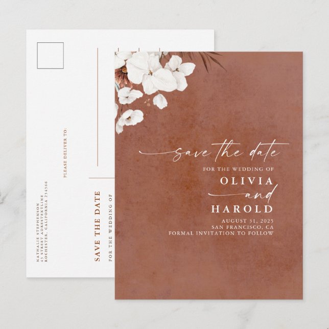 Terracotta and White Floral Boho Save The Date Announcement Postcard (Front/Back)