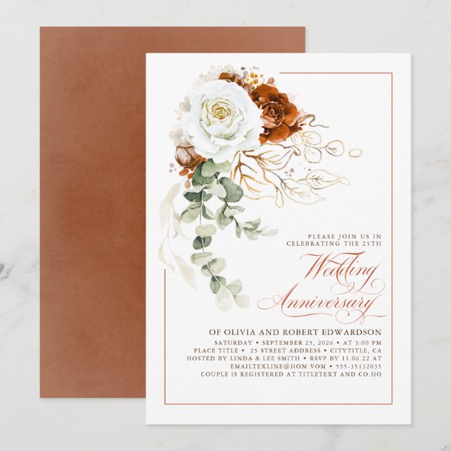 Terracotta and White Floral Wedding Anniversary Invitation (Front/Back)