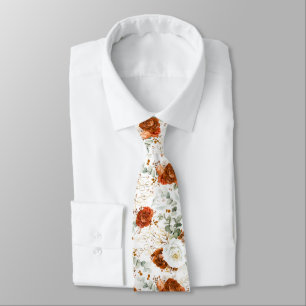 Terracotta and White Floral Wedding Neck Tie
