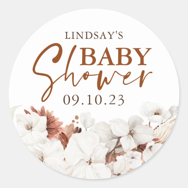 Terracotta and White Flowers Boho Baby Shower Classic Round Sticker (Front)