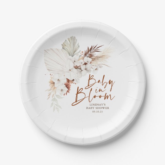 Terracotta and White Flowers Boho Baby Shower Paper Plate (Front)