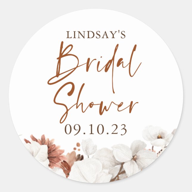 Terracotta and White Flowers Boho Bridal Shower Classic Round Sticker (Front)
