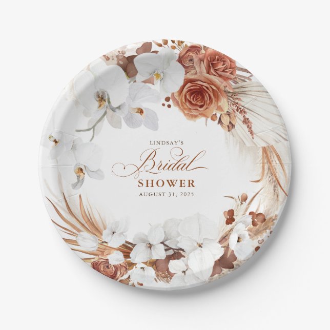 Terracotta and White Flowers Boho Bridal Shower Paper Plate (Front)