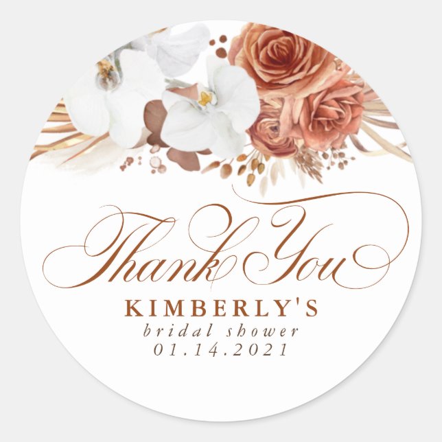Terracotta and White Flowers Boho Thank You Classic Round Sticker (Front)
