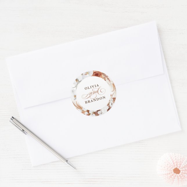 Terracotta and White Flowers Boho Wedding Classic Round Sticker (Envelope)