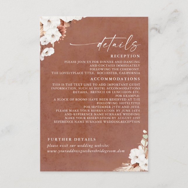 Terracotta and White Flowers Boho Wedding Details Enclosure Card (Front)