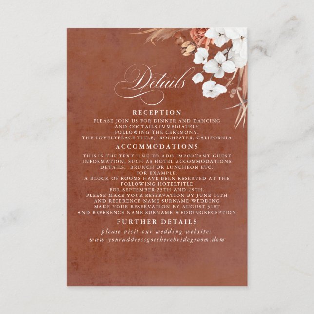 Terracotta and White Flowers Boho Wedding Details Enclosure Card (Front)