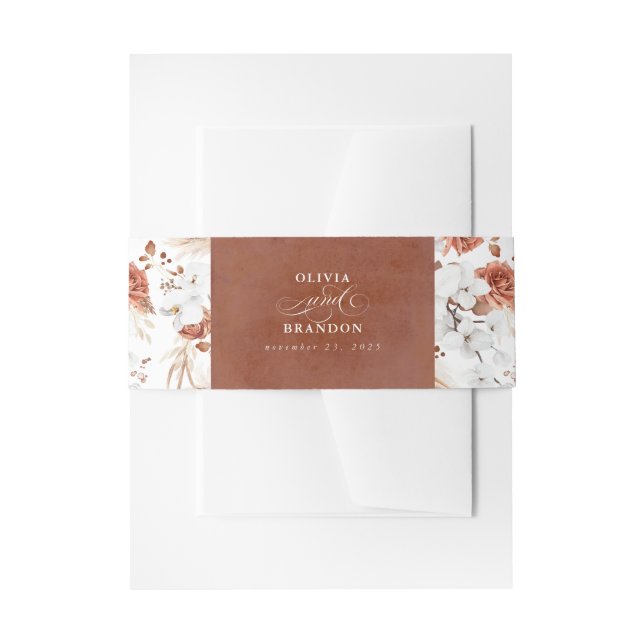 Terracotta and White Flowers Boho Wedding Invitation Belly Band (Front Example)