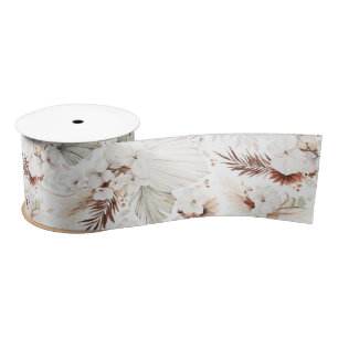 Terracotta and White Flowers Botanical Boho Chic Satin Ribbon