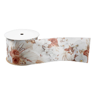 Terracotta and White Flowers Botanical Boho Chic Satin Ribbon