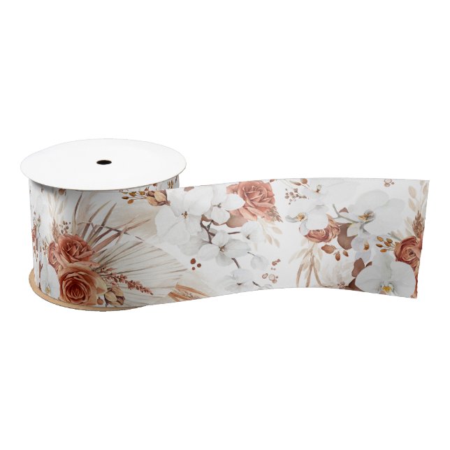 Terracotta and White Flowers Botanical Boho Chic Satin Ribbon (Spool)