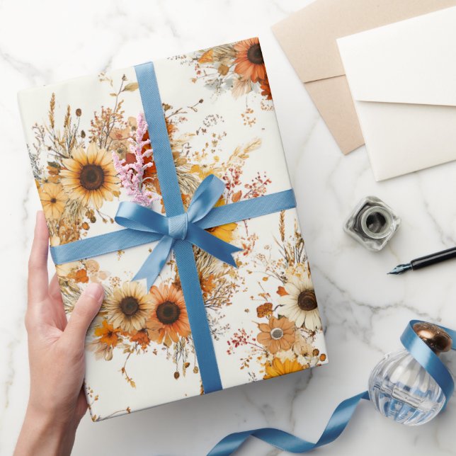 Terracotta and White Flowers Botanical Boho Exotic Wrapping Paper (Gifting)