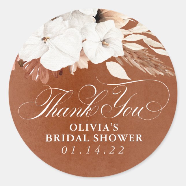 Terracotta and White Flowers Elegant Boho Classic Round Sticker (Front)