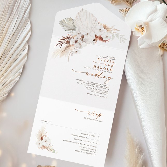 Terracotta and White Flowers Exotic Boho Wedding All In One Invitation (Boho Folded Wedding Invitation)