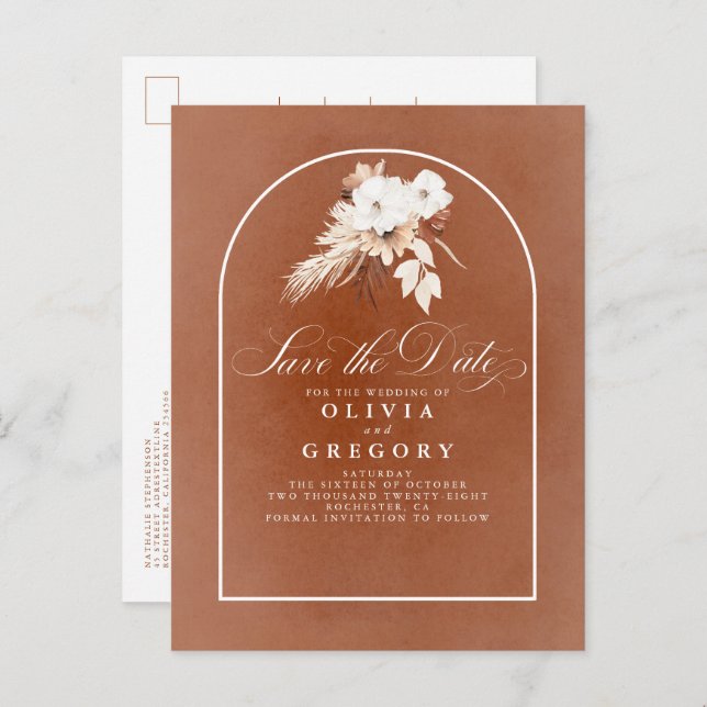 Terracotta and White Flowers Save The Date Announcement Postcard (Front/Back)