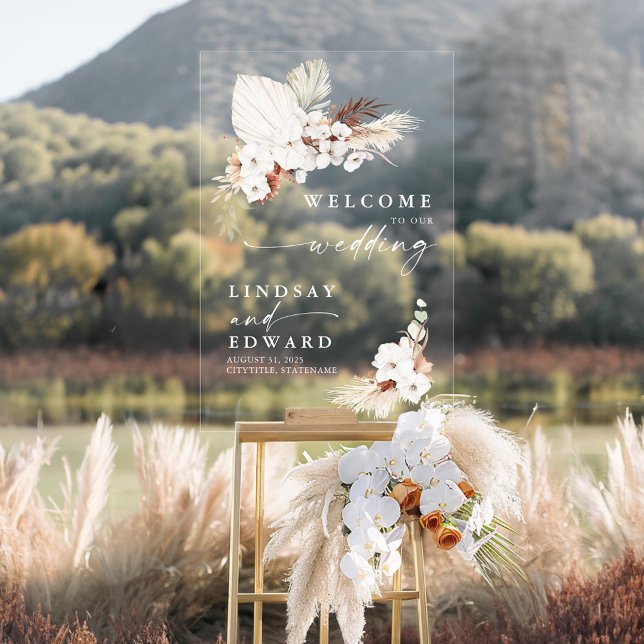 Terracotta and White Flowers Wedding Acrylic Sign (Boho Wedding Transparent Acrylic Welcome Sign)