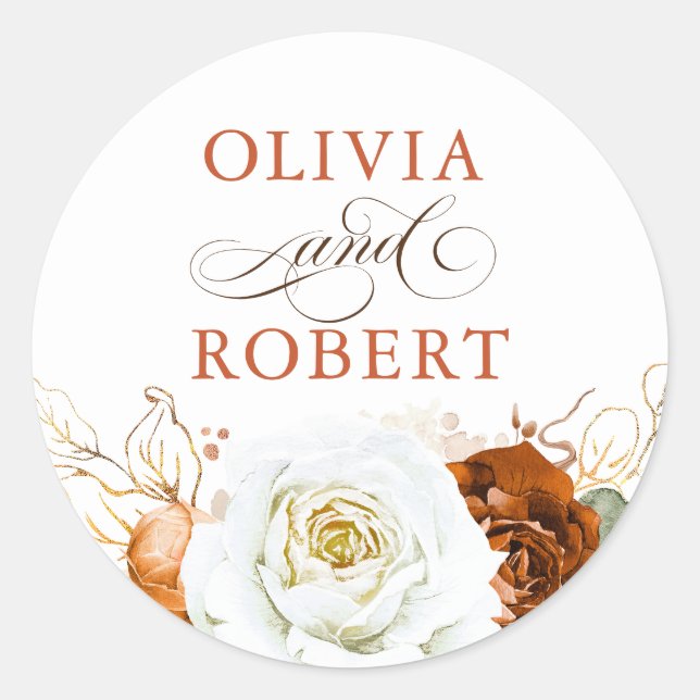 Terracotta and White Modern Floral Boho Wedding Classic Round Sticker (Front)