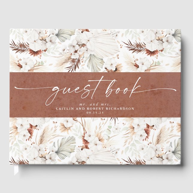 Terracotta and White Orchids Floral Boho Wedding Guest Book (Front)